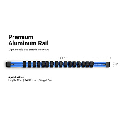 Capri Tools Aluminum Socket Rail, 1/2 in. Drive, 17 in. Long, 16 Socket Clips, Blue - color: Blue, size: 1/2 in. Drive