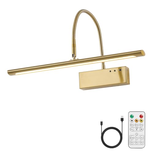 JOOSENLUX Wireless Picture Light with Remote Control - 16" Inch Brass Dimmable Art Light, Timer - Battery Operated - for Pictures, Display, Artwork, Gallery Wall - color: Brass, size: Model C