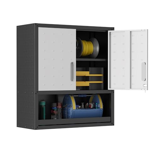 Garage Wall Cabinet Metal Storage Cabinet with Lock Wall Mounted Heavy Duty Steel Tool Cabinet with Doors and Shelf Hanging Cabinets for Garage Warehouse Bathroom Kitchen,Assembly Required - color: Black/Gray, style: 2 doors wall cabinet