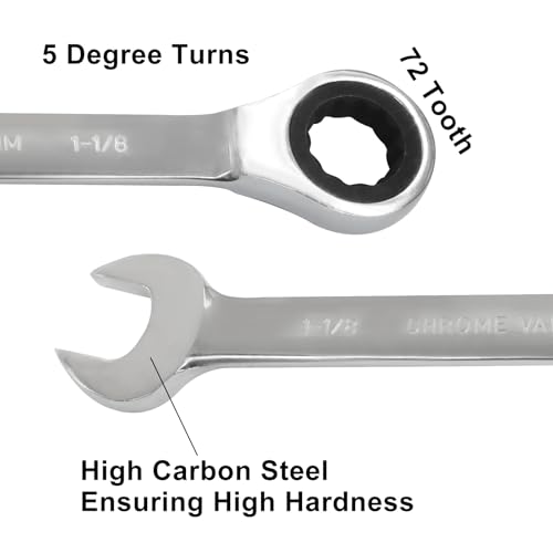 1-1/8 Inch Ratchet Wrench Imperial Ratcheting Combination Wrench, 12 Point, 72 Teeth for Projects SAE Tight Spaces - size: 1-1/8 Inch