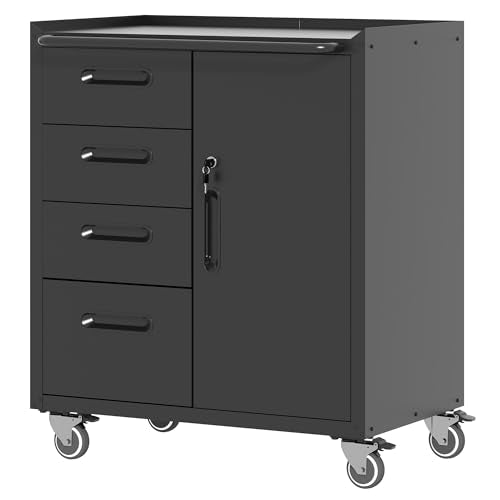 Metal Storage Cabinet for Garage, Tool Cabinet, Utility Cabinet | Wheeled, Rolling Tool Cabinet, 4 Drawers, 1 Door Lockable, Top Countertop, Assembly Required, Black - color: Black