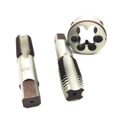 AtticZone M22 x 2.5 Metric Hand Thread Tap and Die Set, Right Hand 22 * 2.5, Alloy Tool Steel, 1 Taper Tap, 1 Plug Tap, 1 Round Die for Metal Working DIY Industrial - size: M22x2.5