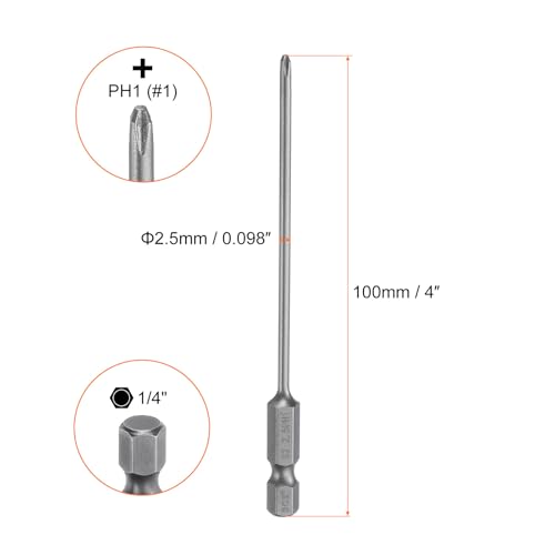 HARFINGTON 5pcs #1 Phillips Screwdriver Bit PH1 1/4" Hex Shank 4" (100mm) Long Magnetic S2 Steel Industrial Grade Screw Driver Bit Cross Head Electric Drill Bits 0.098" (2.5mm) Rod - size: PH1 x 100mm x 2.5mm