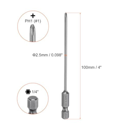 HARFINGTON 5pcs #1 Phillips Screwdriver Bit PH1 1/4" Hex Shank 4" (100mm) Long Magnetic S2 Steel Industrial Grade Screw Driver Bit Cross Head Electric Drill Bits 0.098" (2.5mm) Rod - size: PH1 x 100mm x 2.5mm