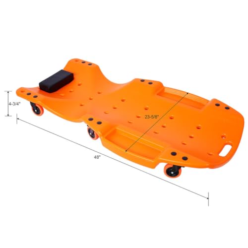 48 Inches Mechanic Creeper, Blow Molded Ergonomic HDPE Body with Padded Headrest, 6 Swivel Casters and Dual Tool Trays, 440 lb Capacity, Low Profile Automotive Car Creeper for Repair & Maintena - color: Orange