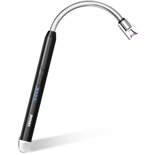 VEHHE Electric Lighter with 360° Flexible Neck, Flameless Windproof Long Candle Lighter with Led Battery Display, USB C Rechargeable with Hanging Hook for Gifts BBQ Fireworks (Black) - color: Black