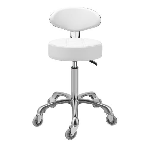 Kaleurrier Rolling Stool with Back Support: Adjustable Height 22-30 inches for Nail Lash Tech Stylist - Heavy Duty Stool Chair with Wheels for Salon Shop Office Kitchen Garage White - color: White