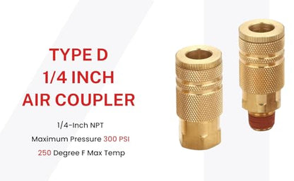 Coupler and Plug Kit, 1/4 Inch NPT, 14 Piece | Industrial Type D, Solid Brass, Quick Connect Air Hose Fittings Set, With Sealant - size: 14 Piece with sealant
