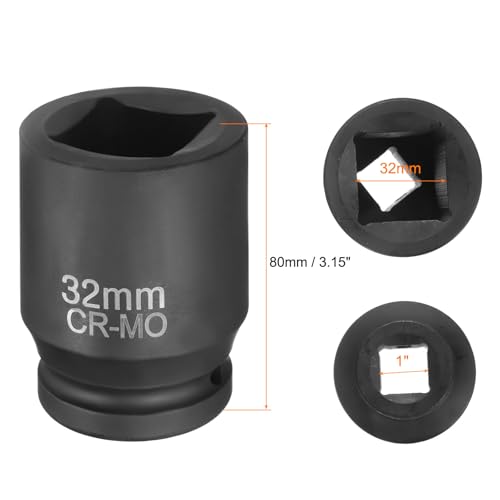 HARFINGTON 4 Point Square Socket 1" Drive 32mm Metric Square Impact Socket CR-MO Blackening Standard Wheel Sleeve Pneumatic Sleeve Tool for Auto Repair Mechanical Maintenance Home Use - size: 1"/32mm