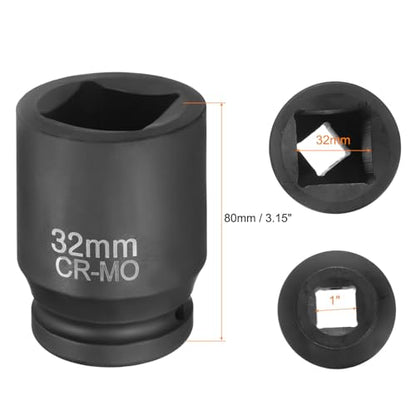 HARFINGTON 4 Point Square Socket 1" Drive 32mm Metric Square Impact Socket CR-MO Blackening Standard Wheel Sleeve Pneumatic Sleeve Tool for Auto Repair Mechanical Maintenance Home Use - size: 1"/32mm
