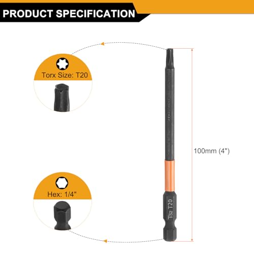 HARFINGTON 3pcs T20 Torx Head Screwdriver Bit 4" (100mm) Long 1/4" Hex Shank Magnetic No Hole Tamper Proof 6 Point Star Screw Driver Drill Bits Phosphate S2 Steel Industrial Power Tools - size: T20 x 100mm