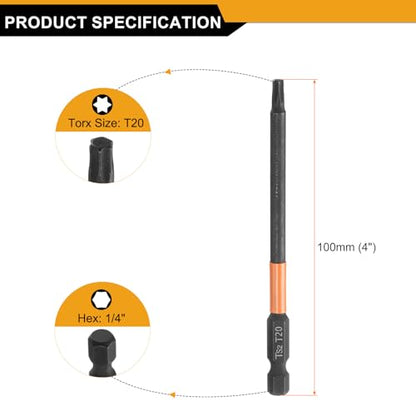 HARFINGTON 3pcs T20 Torx Head Screwdriver Bit 4" (100mm) Long 1/4" Hex Shank Magnetic No Hole Tamper Proof 6 Point Star Screw Driver Drill Bits Phosphate S2 Steel Industrial Power Tools - size: T20 x 100mm