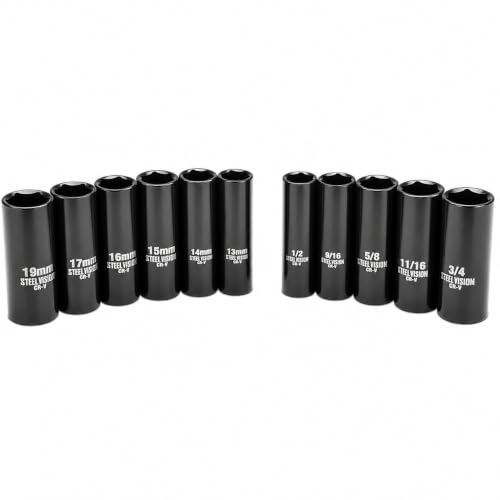 Steel Vision 11 pc 3/8 in Drive Deep Impact Socket Set,SAE & Metric， 6Point, Chrome vanadium steel，13 Pieces 3/8" Dr. Socket - size: 3/8"_11pc