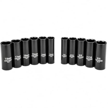 Steel Vision 11 pc 3/8 in Drive Deep Impact Socket Set,SAE & Metric， 6Point, Chrome vanadium steel，13 Pieces 3/8" Dr. Socket - size: 3/8"_11pc