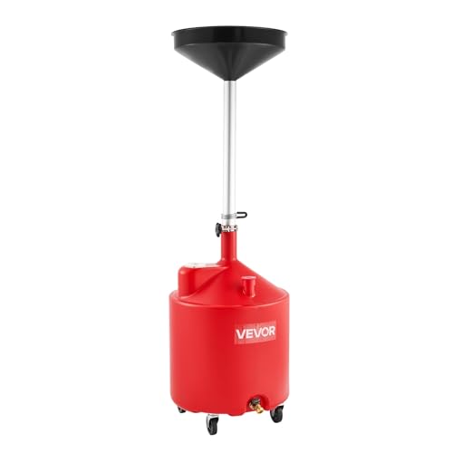 VEVOR 18 Gallon Waste Oil Drain Tank, Industrial Fluid Drain Tank with Adjustable Funnel Height, Portable Oil Drainer with Wheels, Fluid Fuel Transfer Drainage for Auto Repair Shops, Garages, Red - size: 18 Gallon