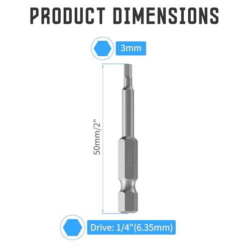 5 Pcs H3 S2 Steel Hex Bit, 3mm, 50mm Length, 1/4" Shank | Magnetic Hex Allen Wrench Screwdriver Bit, 1/4" Hex Shank, Impact Driver Bit for Furniture, Auto Repair & DIY - size: H3, style: 50mm