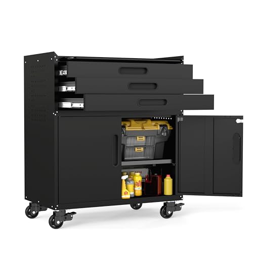 Garage Storage Cabinet, Metal Rolling Tool Cabinet with 2 Pegboard and 10 Hook, Heavy Duty Mechanics Tool Chest Storage for Workshop, Basement, Warehouse, Include Workbench Liner, Black - color: Black, size: 3 Drawer & 2 Doors