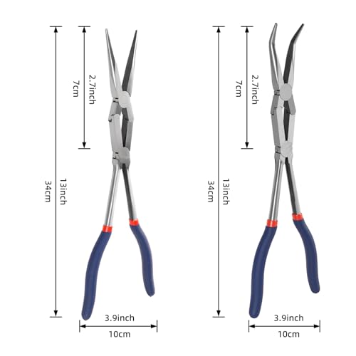 13” Long Needle Nose Pliers Set, Double Rivet, Knurled Jaws, Bent 45°and Straight Needle Nose, 2-Piece, Extended Reach for Tight Spaces (2-Piece（Straight +45°）)