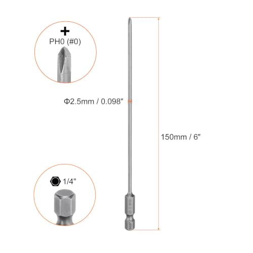 HARFINGTON 5pcs #0 Phillips Screwdriver Bit PH0 1/4" Hex Shank 6" (150mm) Long Magnetic S2 Steel Industrial Grade Screw Driver Bit Cross Head Electric Drill Bits 0.098" (2.5mm) Rod - size: PH0 x 150mm x 2.5mm