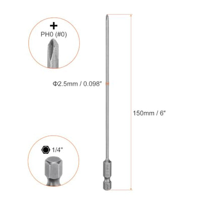 HARFINGTON 5pcs #0 Phillips Screwdriver Bit PH0 1/4" Hex Shank 6" (150mm) Long Magnetic S2 Steel Industrial Grade Screw Driver Bit Cross Head Electric Drill Bits 0.098" (2.5mm) Rod - size: PH0 x 150mm x 2.5mm