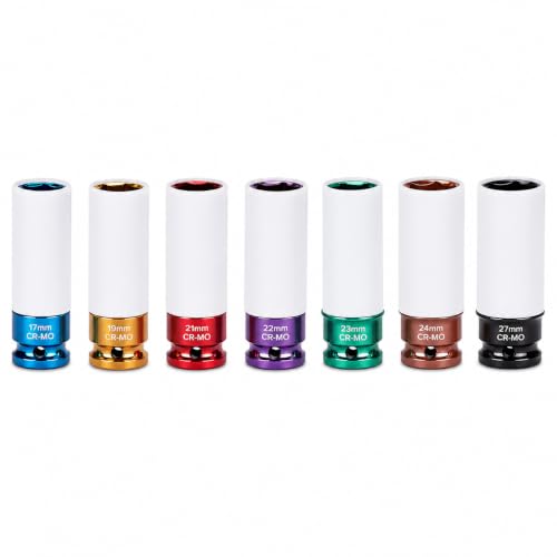 Steel Vision 1/2" Drive Lug Nut Impact Socket Set, 7 PC Metric 17, 19, 21, 22, 23, 24 & 27 mm，Cr-Mo Alloy Wheel Socket Set, Color-Coded Deep Lug Nut Impact Socket Set - color: 7pc Metric