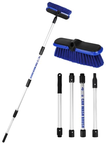 Car Wash Brush with Long Handle 62"/156cm Telescoping Mop Pole 10" /25.4cm Larger Soft Bristle Head for RV Truck SUV Window Glass Tyres Boat Floor Deck House Siding Wall Snow Removal Cleaning Tool