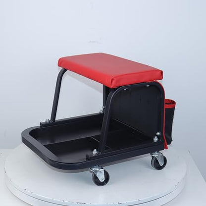 Rolling Mechanic Garage Stool on Wheels with Padded Cushion, Tool Tray Storage and Side Pockets, 300 LBS Capacity, Red - color: Red