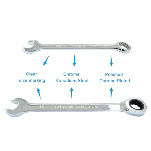 18mm Ratcheting Wrench 2 Pcs 72-Tooth 12-Point Chrome Plated | Forged 45# Carbon Steel Durable, 5-Degree Arc For Tight Spaces, 12-Point Protects Fasteners, Polished Chrome Anti-Rust - size: 0.71 Inch