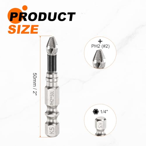 HARFINGTON 6pcs Impact Phillips Screwdriver Bit PH2 (#2) Anti Slip Tip 1/4" Hex Shank 2" (50mm) Long Magnetic Cross Screw Driver Industrial Power Drill Bits for Remove Fastening Screws - size: 2 inch