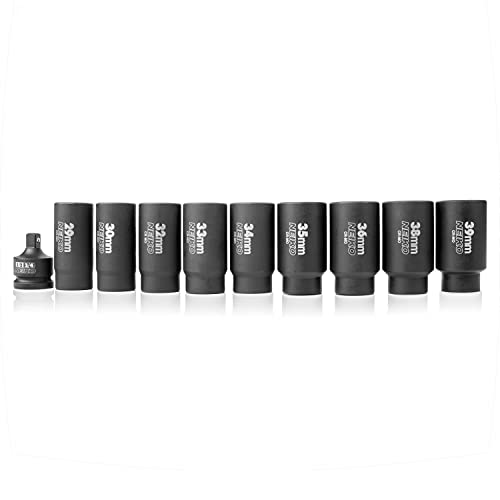 NEIKO 02531A 10 Piece 12 Point Socket Set 1/2” Drive, Lug Nut Remover, Spindle Nut Socket, Axle Nut Socket Set, Metric 29-39mm Socket 1/2 Drive Impact Set, Cr-Mo Impact Adapter, 3/4" -1/2” Reducer - size: 10 Piece Set