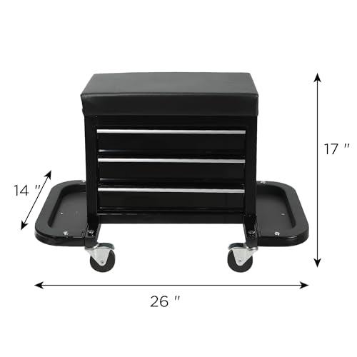 3 Drawer Rolling Mechanic Seat, Garage Stool with Foldable Side Trays, 360° Swivel Casters, Heavy Duty Tool Storage Chest, Cushioned Work Chair for Workshop Auto Repair