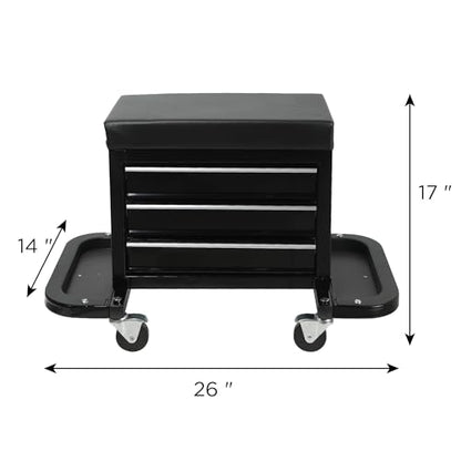 3-Drawer Tool Chest Rolling Mechanic Seat Heavy Duty Rolling Workshop Stool with Tool Trays 350 lbs Capacity Black Garage Creeper Seat for Auto Repair