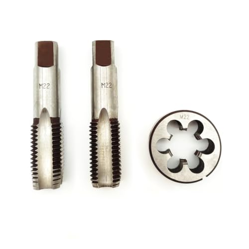 AtticZone M22 x 2.5 Metric Hand Thread Tap and Die Set, Right Hand 22 * 2.5, Alloy Tool Steel, 1 Taper Tap, 1 Plug Tap, 1 Round Die for Metal Working DIY Industrial - size: M22x2.5