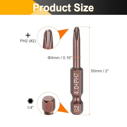 HARFINGTON 5pcs #2 Phillips Screwdriver Bit PH2 1/4" Hex Shank 2" (50mm) Long 0.16" Rod Magnetic Cross Head Drive Drill Bits S2 Steel Industrial Screw Driver Electric Power Tool, Brown - size: PH2 x 2" x 0.16"