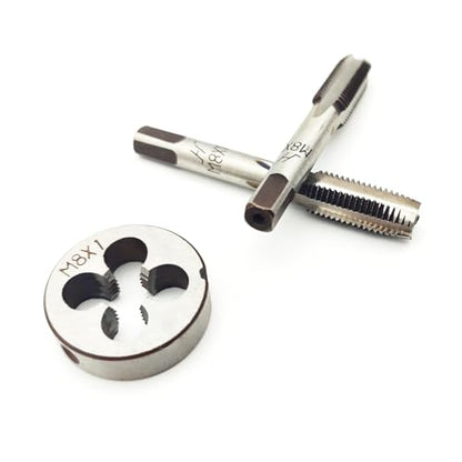 AtticZone M8 x 1.0 Metric Hand Thread Tap and Die Set, Right Hand 8 * 1.0, Alloy Tool Steel, 1 Taper Tap, 1 Plug Tap, 1 Round Die for Metal Working DIY Industrial - size: M8x1.0