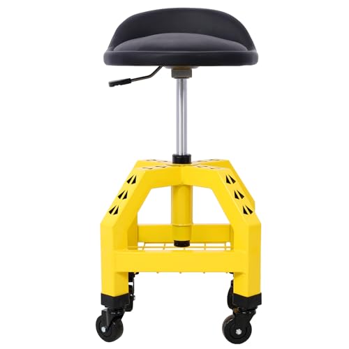 Heavy Duty Rolling Mechanics Stool for Garage with Casters 360° Swivel Shop Seat with Tool Tray Storage 300 LBS Capacity Yellow