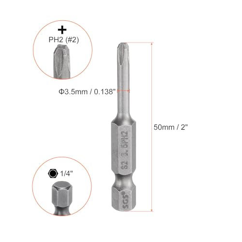 HARFINGTON 5pcs #2 Phillips Screwdriver Bit PH2 1/4" Hex Shank 2" (50mm) Long Magnetic S2 Steel Industrial Grade Screw Driver Bit Cross Head Electric Drill Bits 0.138" (3.5mm) Rod - size: PH2 x 50mm x 3.5mm