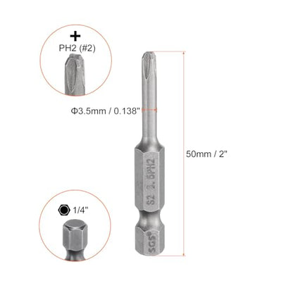 HARFINGTON 5pcs #2 Phillips Screwdriver Bit PH2 1/4" Hex Shank 2" (50mm) Long Magnetic S2 Steel Industrial Grade Screw Driver Bit Cross Head Electric Drill Bits 0.138" (3.5mm) Rod - size: PH2 x 50mm x 3.5mm