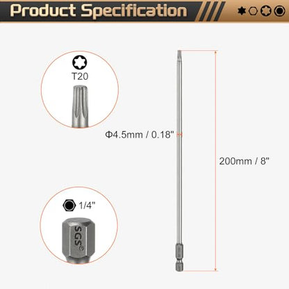 HARFINGTON 5pcs T20 Torx Head Screwdriver Bit 1/4" Hex Shank 8" (200mm) Long Magnetic No Hole Tip Tamper Proof 6 Point Star Screw Driver Drill Bits S2 Steel Industrial Power Screwdrivers - size: T20 x 8"(200mm)