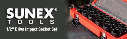Sunex 2645, 1/2 Inch Drive Impact Socket Set, 26-Piece, Metric, 10mm-36mm, Cr-Mo Alloy Steel, Radius Corner Design, Heavy Duty Storage Case - size: 1 Pack