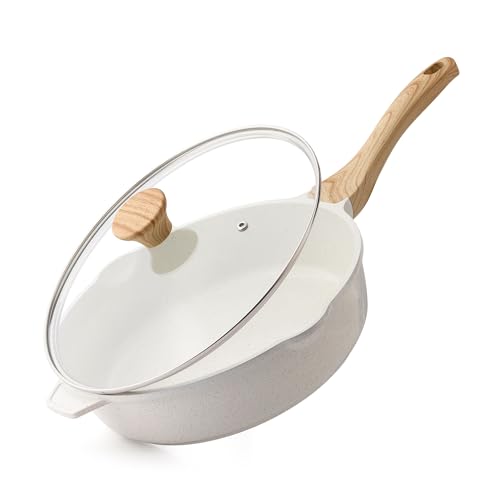 SENSARTE Nonstick Frying Pan Skillet with Lid 3.5/4.5/5QT, Ceramic Saute Pan,Deep Fring Pan Non-toxic Cooking Pot, Stay-cool Handle, Induction Compatible, PFAS Free - color: Ceramic White, size: 11-inch/4.5QT