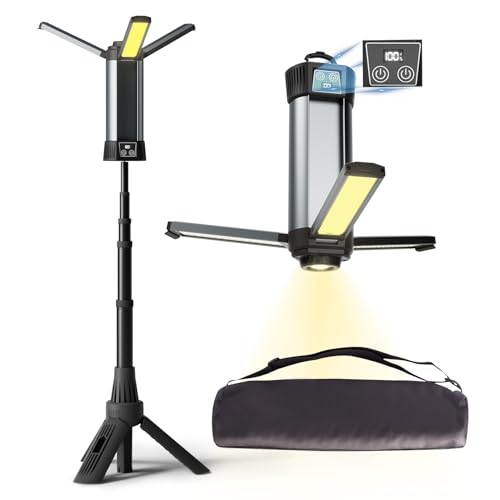 Rechargeable Work Light with Stand, Magnetic Base, Hook & Tripod (Small) | 6000mAh battery, Telescopic tripod,Magnetic base, Hanging hook, 3 metal floor spikes, Storage bag, Camping - color: Black Small Rechargeable Work Light with Tripod