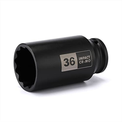 EMENTOL 1/2 Inch Drive Deep Spindle Axle Nut Impact Socket, CR-MO, 12 Point, Metric, Deep 12PT Impact Socket - 36mm - size: 36mm
