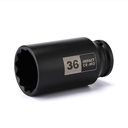EMENTOL 1/2 Inch Drive Deep Spindle Axle Nut Impact Socket, CR-MO, 12 Point, Metric, Deep 12PT Impact Socket - 36mm - size: 36mm