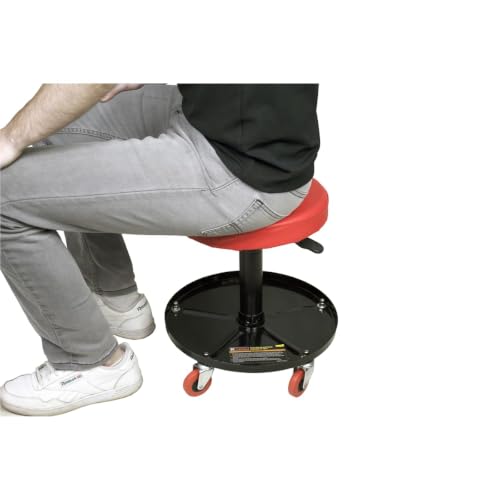 K Tool International 74971 Adjustable Rolling Mechanic Seat for Garages, Repair Shops, and DIY, Pneumatic Lift, (5) 2.5" Swivel Casters, Height Range 14" to 19", 12" Padded Seat, Tool Tray, Black/Red