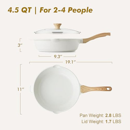 SENSARTE Nonstick Frying Pan Skillet with Lid 3.5/4.5/5QT, Ceramic Saute Pan,Deep Fring Pan Non-toxic Cooking Pot, Stay-cool Handle, Induction Compatible, PFAS Free - color: Ceramic White, size: 11-inch/4.5QT