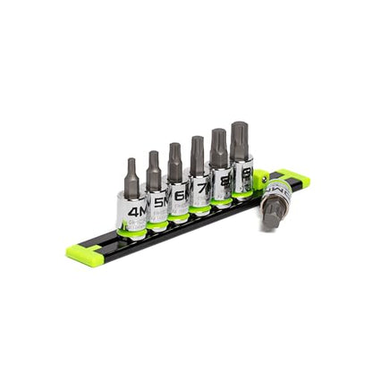 GRIPEDGE HEX Bit Socket Set | 7-PC - 3/8'' Drive Short Metric RPT Hex Driver Set | Sizes 4MM - 10MM | Made With S2 Steel | Includes Premium Aluminum Storage Rail |