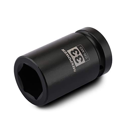 MIXPOWER 1 Inch Drive Deep Impact Socket, CR-MO, 33mm, 6 Point, Radius Corner Design, Chamfered Opening, Axle Nut Impact Grade Socket for Easy Removal - size: 33mm (1 Piece)