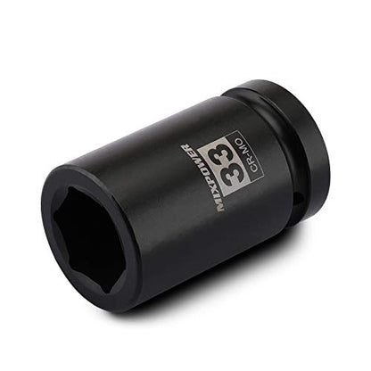 MIXPOWER 1 Inch Drive Deep Impact Socket, CR-MO, 33mm, 6 Point, Radius Corner Design, Chamfered Opening, Axle Nut Impact Grade Socket for Easy Removal - size: 33mm (1 Piece)
