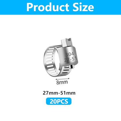 20PCS Stainless Steel Hose Clamp Adjustable (27-51mm)1-1/8'' - 2'' Worm Gear Hose Clamp, Adjustable Worm Gear Pipe Fuel Line Hose Clamps Heavy Duty for Plumbing, Automotive - size: 20 pcs (1-1/8'' - 2'')